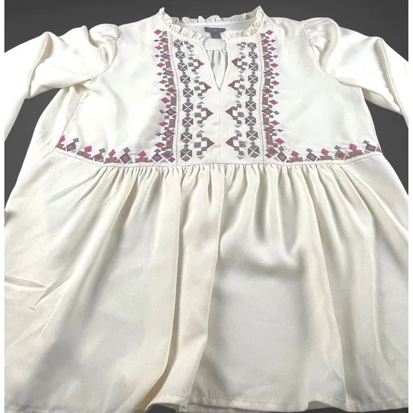 Ann Taylor Petite Embroidered Boho Peasant Blouse Cream Tie Sleeve XSP Hippies - Picture 4 of 8